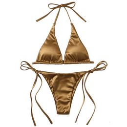 G Strings Sexy BikiniSexy Women's Metallic Halter Top Two Piece Swimsuit Tie Side Triangle Summer Solid Bathing Suit Beachwear Set