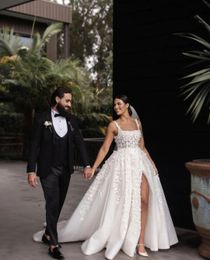 Elegant A-line Wedding Dresses Bateau Sleeveless Straps Sequins 3D Lace Appliques Floor Length Beaded Ruffles Side Slit Formal Dresses Gowns Bridal Gowns Plus Size