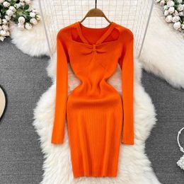 Casual Dresses Women Chic Hollow Butterfly Long Sleeve Bodycon Dress Sexy Party Korean Fashion Knit Vestidos Autumn Elastic Slim Pencil Robe