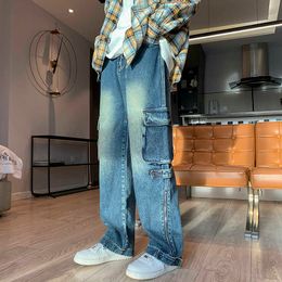 Men's Jeans Autumn Winter New Men Tooling Jeans Hip Hop Oversized Straight Cargo Pants Zipper Decor Mens Streetwear Big Pockets Denim Pants Z0225