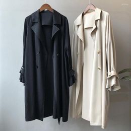 Blusão Feminino Cor Sólida Trench Coats Manga Comprida Gola Turn-down Comprimento Médio Botões Casuais Manga Cinto Elegante Outono Casaco para Escritório