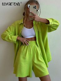 Womens Two Piece Pants Summer Two Piece Set Women Shorts Suit Lapel Long Sleeve Shirts Sets Female Elegant Casual High Waist Pants Lady Outfits 2023 230227