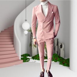 Men's Suits Blazers Pink Fashion Sunshine Men Suits Double Breasted 2 Pieces JacketPants Peaked Collar Slim Fit Suits for Wedding Party Tuxedos 230227