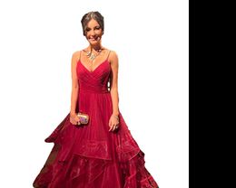 Hot Red Chiffon Evening Dresses Spaghetti Straps V Neck Ruched A Line Prom Backless Robe de Soiree Formal Banquet Gows