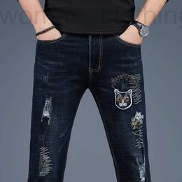 Men's Jeans Designer Autumn net red men's embroidery torn jeans slim pants stretch Korean version trend 52TA