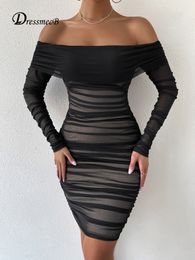 Casual Dresses Dressmecb Off Shoulder Mesh Party Dress Women Clothing Sexy Club Backless Ruched Bodycon Long Sleeves Autumn Vestidos 230227