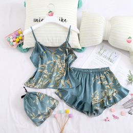 Womens Sleepwear Lisacmvpnel Summer Ice Silk Pajamas Suspender Shorts 2 Pcs Set Flowers Sexy Home Clothes Can Be Worn Outside 230227