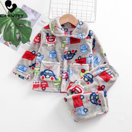 Pyjamas Kids Boys Girls Autumn Winter Warm Flannel Pyjama Sets Cute Cartoon Lapel Tops with Pants Baby Sleeping Clothing Sets 230227