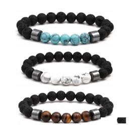 car dvr Beaded Strands Men Rock Lava Beaded Bracelet Women Strand Healing Energy Adjustable Black Agate Stone 8Mm Triple Protection Bangle Dh3Eu