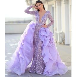 Neck Deep V Evening Dresses Mermaid Gowns Sequin Sparkle Long Sleeve Prom Dress with Detachable Train Ladies Vestido De Novia 2023 estido