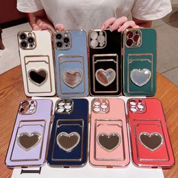 Bling Diamond Mirror Card Pocket Cases For Iphone 15 14 Pro Max 13 12 11 X XR 8 7 Plus Soft TPU Card Slot ID Heart Love Metallic Plating Chromed Fine Hole Mobile Back Cover