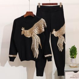 Womens Two Piece Pants 2 Piece Women Set Winter Spring Arrival Casual Black Sequined ONeck Beading Sequined Long Sleeve Top And Long Pants Sets 230227