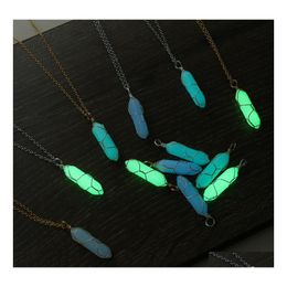 car dvr Pendant Necklaces Hexagonal Cylindrical Crystal Necklace Glow In The Dark Luminous Wire Wrap Stone Jewellery Gift For Women Men Drop D Dh34R