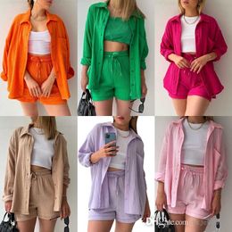 2023 New Women Two Piece Pants Set Fashion Pleated Collar Long Sleeve Blouses Shirt High Waist Drawstring Shorts Casual Suit