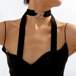 Choker GSOLD Long Wide Black Velvet Ribbon Chokers Elegant CCB Rhinestone Chain Scarf Adjustable Wrap Necklace Gothic Jewellery