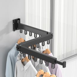 Hangers Racks Folding Clothes Rack Wall Mount Thickened Aluminium Clothes Organiser Home Retractable Indoor Outdoor Balcony Cloth Drying Hanger 230227