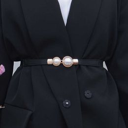 Belts Elegant Pearl Buckle Thin Belt For Women Stretch Slim Waistband Ladies Dress Coat Jeans Waist Belt Z0223