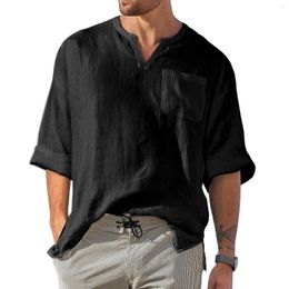 Men's T Shirts Men Spring Summer Top Shirt Cotton Linen Casual V Neck Long Sleeve Fashion Pocket Blouse Party Button