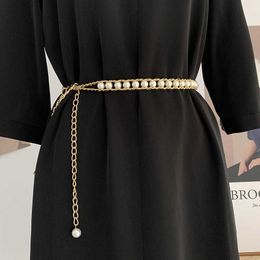 Belts Simple Pearls Beaded Belt Women Gold Colour Metal Waist Chain Korean Elegant All Match Female Dress Sweater Decoration Waistband Z0223