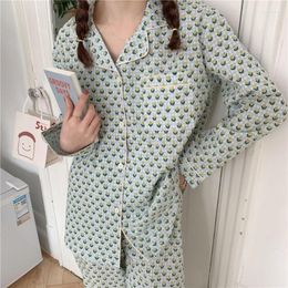 Women's Sleepwear QWEEK Cotton Women's Pajamas Korean Tulip Print Nightwear Spring Pijamas Female Set Woman 2 Piece Pyjamas Home Wear