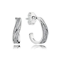 Pave Wave Hook Stud Earring 925 Sterling Silver for Pandora Womens Wedding designer Jewellery Girlfriend Gift CZ Diamond Earrings with Original Retail Box