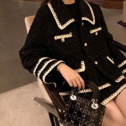 Two Piece Dress Mini Skirts Dress Sets Two Piece Sets Womens Outifits Winter Jacket Fashion Vintage Black Tweed Coat Suits Lapel Sleeve 230225