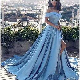 Party Dresses Arrival 2023 Off the Shoulder Pleated Custom Made Blue Satin Ball Gown Long Evening for Women 230225