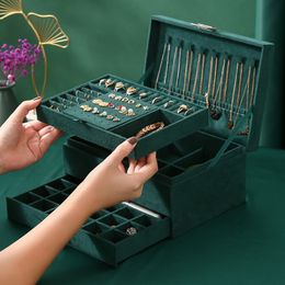 Jewelry Boxes WE 3-layers Green Stud Jewelry Organizer Large Ring Necklace Makeup Holder Cases Velvet Jewelry Box with Lock for Women 230227