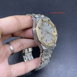 moissaniteIce Diamond Watch Shiny Case 42mm Automatic Watches Two Tone Silver Gold Diamonds Steel glass Back men's watch2023