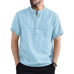 Men's Casual Shirts Causal Cotton Linen Short Sleeve Basic Tops Summer Solid Colour Pullover Buttons Male Clothes Homme 230227