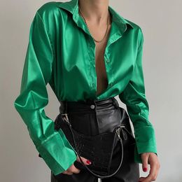 Women's Blouses Shirts Satin Polo Collar Office Lady blouse Vintage Blue Green Silk Loose Button Up Down Black Fashion Tops 230227