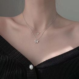 Silver glittering diamond butterfly double-layer necklace Women's light luxury personality pendant, for girlfriend's birthday gift clavicle chain