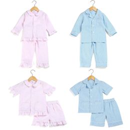 Pajamas Seersucker Two Pieces Spring And Summer Pink Blue Ruffle Button Up Kids Pyjamas Boys And Girls Easter Pajamas Sets 230227