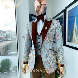 Men's Suits Blazers Luxury Floral Wedding Tuxedo For Groom Slim Fit Men Suits Brown Velvet Lapel Costume Homme 3 Pieces Blazer Vest Pants Sets 230225