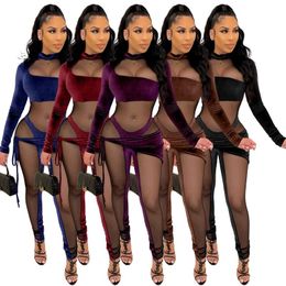 Women's Jumpsuits & Rompers Mesh Velvet Patchwork Jumpsuit Women Long Sleeve Sexy See Through Bodycon Skinny Romper Party Club OutfitsWomen'