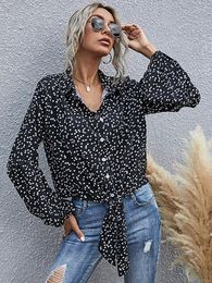 Women's Blouses Fashion Puff Sleeve Blouse Women Spring Summer Single Breasted Bandage Chiffon Shirt Top Love Pattern For 2023