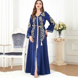 Ethnic Clothing Jalabiya for Women Morocco Kaftan Muslim Abaya Female Turkish Dresses Arabic Vneck Embroidery Belt Dress 230227