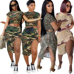 2023 Designer Camouflage Dress Sets Summer Women Clothes Short Sleeve Pullover T-shirt Top and Split Skirt Two Piece Sets Casual Skirt Suits Bulk items 9353