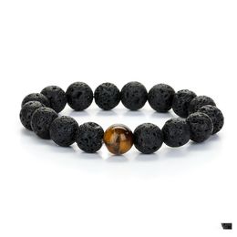 car dvr Beaded Strands Mens Lava Rock Beaded Bracelets Strand Black Volcanic 10Mm Round Essential Oil Diffusion Beads With 1Pcs Natural Gem Dhtno