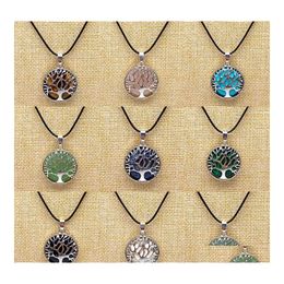 car dvr Pendant Necklaces Natural Stone Tree Of Life Necklace For Women Men Black Turquoise Quartzs Pu Chain Jewellery Drop Delivery Pendants Dhz8C