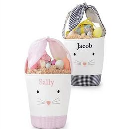 Easter Bunny Bags Barrel Bucket Basket Plaid Patchwork Cartoon Rabbit Ear Bowknot Canvas Tote Bag Gifts Egg Candies Handbag