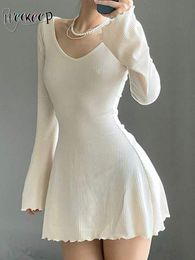 Casual Dresses Weekeep Autumn Party Dress Solid Elegant Flared Full Sleeve Slim Knitted Mini Aline Women Clothing Korean Fashion Lady 230227