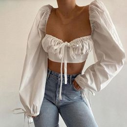 Women's Blouses White Puff Sleeve Tie Front Top Women Blouse Shirts Elegant Sexy Backless Crop Fashion Blusas