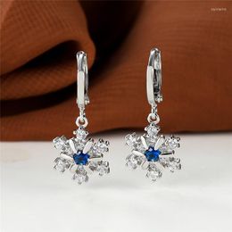 Hoop Earrings Female Luxury Crystal Classic Silver Color Christmas Blue Zircon Round Stone Snowflake For Women