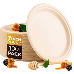 Decorative Plates 100 Pack 7In Compostable Disposable Round Bagasse Paper PlatesBiodegradable Sugarcane Fibre Z0227