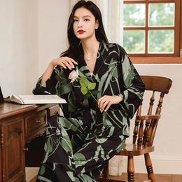 Womens Sleepwear QSROCIO High Quality Pajamas Set Floral Print Silk Like Loose Top Casual Fashion Homewear Nightwear Femme 230227