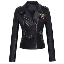 Women's Jackets Women Patchwork Leather Jackets Flower Embroidery Rivets Short Section Pu Leather Small Jackets Casual Motorcycle Coats J3447 230227