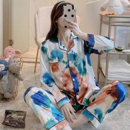 Women's Sleepwear Women's Faux Silk Satin Pajamas Set Nightwear Long Sleeve Home Clothes For Women Sleeping Shirt Wear