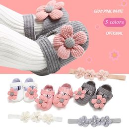 First Walkers Bowknot Flower Princess Shoes Headband Set Soft-soled Infant Toddler Baby Knit Pattern Single
