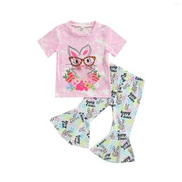 Clothing Sets Lioraitiin 1-6Years Toddler Girl's 2Pcs Suit Flower Pattern Short Sleeve Round Neck Tops Printing Flared Pants